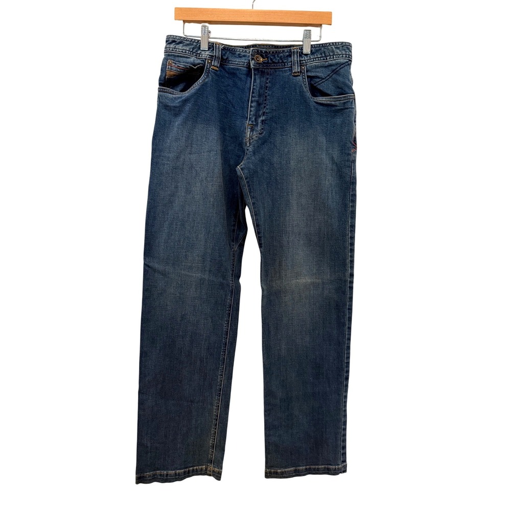 prAna Mens Straight Leg Medium Wash Blue Denim Jeans 33W x 32L‎ Stretch Casual